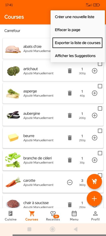Export Shopping List option in overflow menu